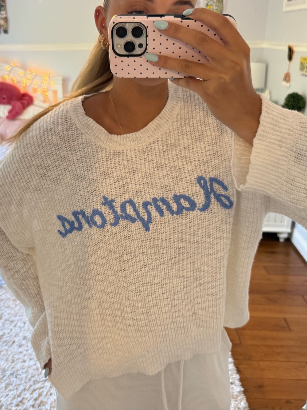 Cozy Cream Pullover Sweater with Blue “hamptons”